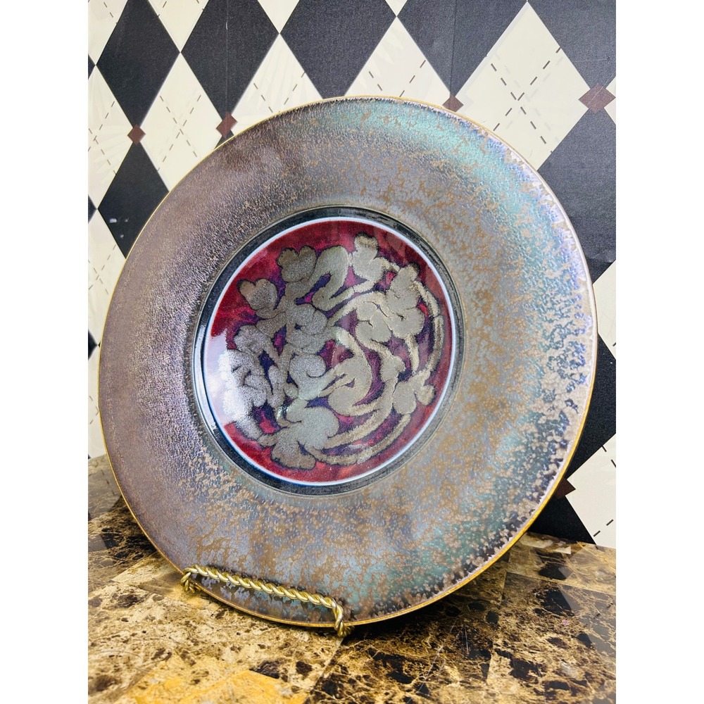 Signed Studio Pottery Iridescent Wabi Sabi Glaze Oxblood Wall Charger Plate Bowl